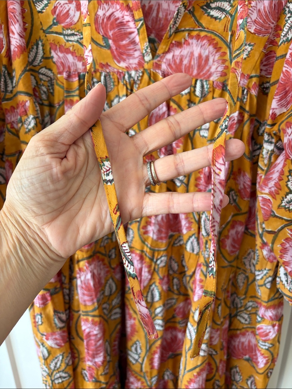 Women’s Floral Mustard Midi Dress with Pink Blooms - Picture 4 of 5